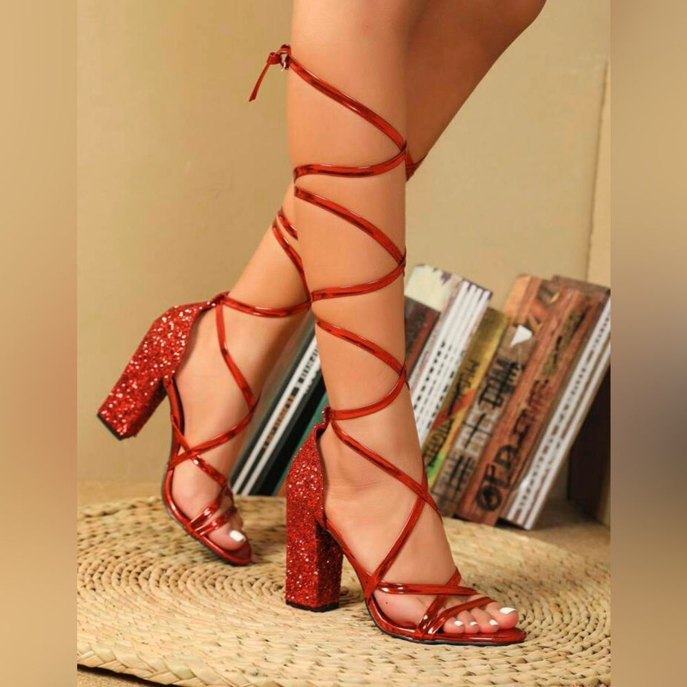 Shiny Red Lace Up Heels